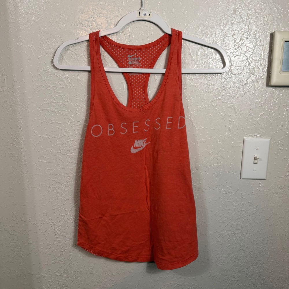 Nike Obsessed Graphic Racerback Tank Top Coral Orange Polka Dot Women Small